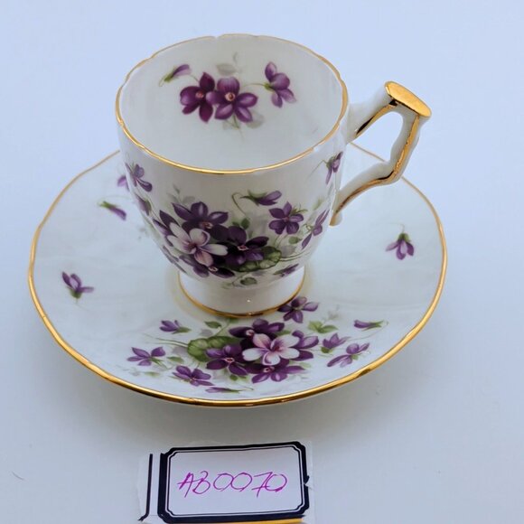 Ansley Fine Bone China Demitasse Cup & Saucer Set Violette Floral Design Gold Tr - Picture 11 of 11